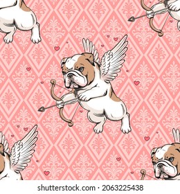  Seamless pattern with cute english bulldog puppy.  Cupid illustration. Cute background