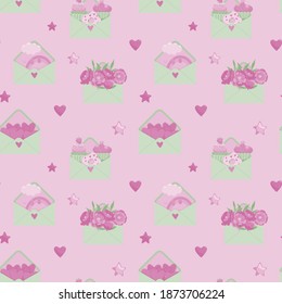 Seamless pattern with cute envelopes with a bouquet of flowers, cupcakes, hearts and a rainbow with a cloud peeking out. Bright cartoon illustration for textiles, paper, Wallpaper.