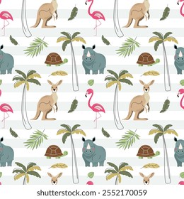 Patrón sin fisuras con animales exóticos lindos y palmeras. Fondo de la selva infantil. Fondo de pantalla tropical.