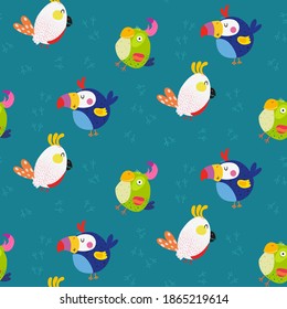 Seamless pattern with cute exotic birds and parrots. Pattern perfect for baby products, pet products, dog clothes and gift wrapping. Cartoon vector illustration.