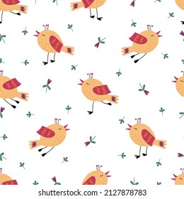 Seamless pattern with cute exotic birds in poses and plants on a white background. Vector hand-drawn illustration.