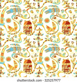 Seamless pattern with cute fabulous animals. Russian fairy tale Kolobok (The Bun)