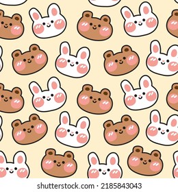 Seamless pattern of cute face animal  cartoon background.Rabbit and bear hand drawn.Repeat.Kawaii.Vector.Illustration.