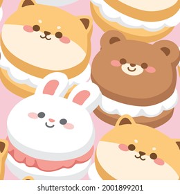 Seamless pattern of cute face animals macaron cartoon on pink background.Graphic character design.Pastel.Image for wallpaper,card,banner,shirt screen.Kawaii dessert.Rabbit,bear,dog.Vector.Illustration