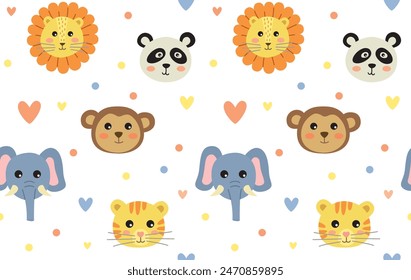 Seamless pattern with cute face animals. Vector baby colorful background with cartoon characters.