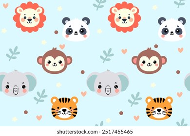 Seamless pattern with cute face animals on Light Blue Background. Vector baby colorful background with cartoon characters.