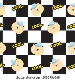 Seamless pattern of cute face bear wear cap with cool text on checkered background.Image 