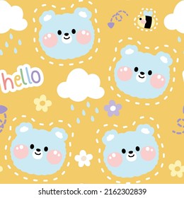 Seamless pattern of cute face bear with bee on yellow background.Animal character design.Kid graphic.Image for card,poster,baby clothing.Kawaii.Vector.Illustration.