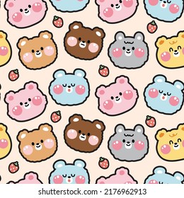 Seamless pattern of cute face bear with strawberry cartoon background.Animal character design.Kid graphic.Kawaii.Vector.Illustration.