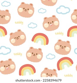 Seamless pattern of cute face bear with cloud and rainbow on white backgorund.Wild animal character cartoon design.Baby clothing.Pastel color.Kawaii.Vector.Illustration.