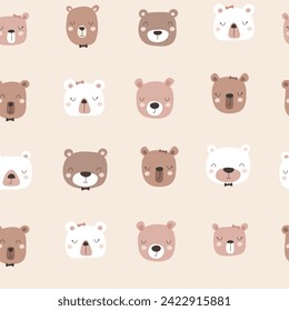Seamless pattern with cute face bear. Vector illustrations