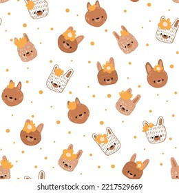 Seamless pattern with cute face bunnies and flowers in hand drawn style. Seamless background for nursery decor, fabrics, children's textiles, wrapping paper.