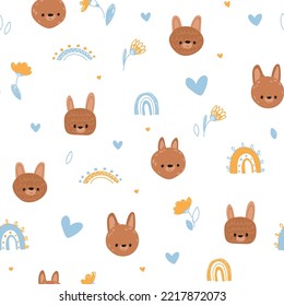 Seamless pattern with cute face bunnies and flower, rainbow. In hand drawn style. Seamless background for nursery decor, fabrics, children's textiles, wrapping paper. Vector