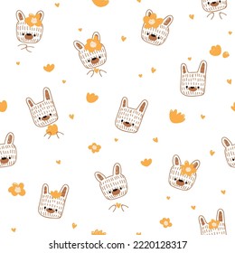 Seamless pattern with cute face bunnies and flowers in hand drawn style. Seamless background for nursery decor, fabrics, children's textiles, wrapping paper.
