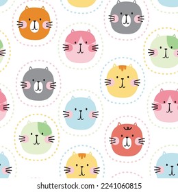 Seamless pattern of cute face cat in circle on white background.Pet hand drawn.Animal character design.Baby clothing.Meow lover.Kawaii.Vector.Illustration.