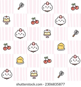 Seamless pattern of cute face cat with strawberry on pink pastel color background.Bakery concept.Cheese,cherry,cake,whisk hand drawn.Meow lover.Kawaii.Vector.Illustration.