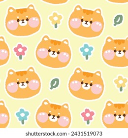 Seamless pattern of cute face cat pastel with flower and leaf background.Pet animal character cartoon design.Baby clothing.Meow.Kawaii.Vector.llustration.