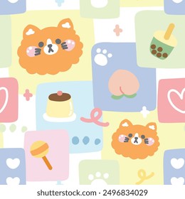 Seamless pattern of cute face cat with icon on background.Pastel.Meow.Pet animal head character cartoon design.Pudding,peach,bubble milk tea,candy,heart hand drawn.Kawaii.Vector.Illustration.