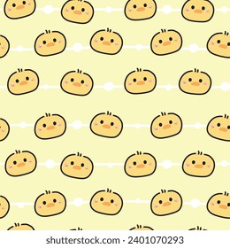 Seamless pattern of cute face chick on patel background.Chicken.Hen.Bird.Farm animal character cartoon design.Image for card,poster,baby clothing.Kawaii.Vector.Illustration.