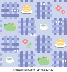 Seamless pattern of cute face crocodile with icon on background.Pastel.Reptile animal head character cartoon design.Flower,leaf,tea cup,pancake hand drawn.Kawaii.Vector.Illustration.