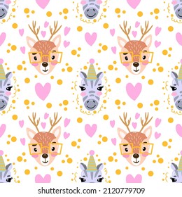 Seamless pattern with cute face deer zebra and heart. Vector graphic on a white background. Hand drawing for cover design  phone cases t-shirt pillow prints.