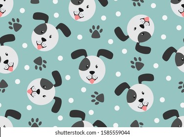 Seamless pattern of cute face dog with paw and dot on pastel background - Vector illustration
