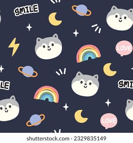 Seamless pattern of cute face dog with planet on space backgorund.Pet animal character cartoon design.Rainbow,moon,smile text,thunder handrawn.Kawaii.Vector.Illustration.