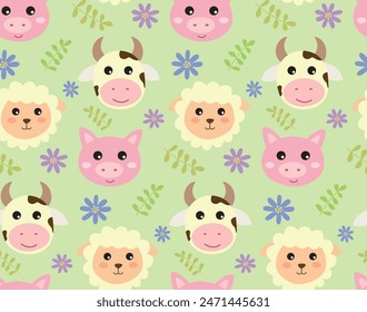 Seamless pattern with cute face domestic animals. Vector colorful background with cartoon characters, flowers and leaves.	