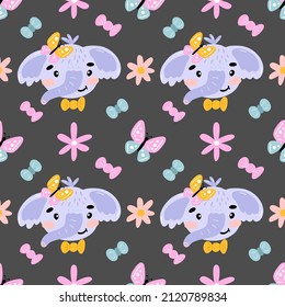 Seamless pattern with cute face elephant flower and butterfly. Vector graphic on a black background. Hand drawing for cover design  phone cases t-shirt pillow prints.