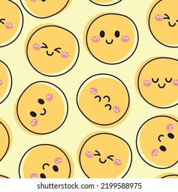 Seamless pattern of cute face emoji in various poses on yellow background.Face cartoon hand drawn.Image for card,poster,baby clothing.Kawaii.Vector.Illustration.
