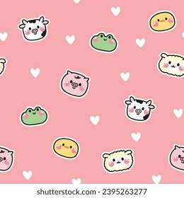 Seamless pattern of cute face farm animal with heart background.Head animal character cartoon design.Frog,cow,pig,chicken hand drawn.Baby clothing.Kawaii.Vector.Illustration.