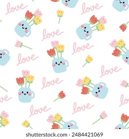 Patrón sin fisuras de lindo florero de cara con texto de amor sobre fondo blanco. Caricatura de personaje dibujado a mano design.Kawaii.Vector.Illustración.