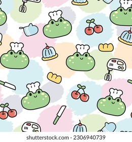 Seamless pattern of cute face frog wear chef hat with kitchenware on pastel color circle background.Reptile animal.Cherry,knife,bread,whisk hand drawn.Kawaii.Vector.Illustration.