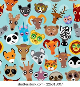 Seamless pattern cute face funny animals on blue background. Vector