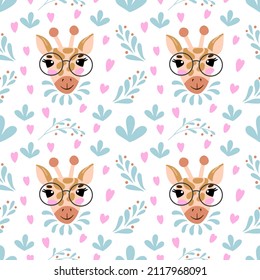 Seamless pattern with cute face giraffe leaves. Vector graphic on a white background. Hand drawing for cover design  phone cases t-shirt pillow prints.