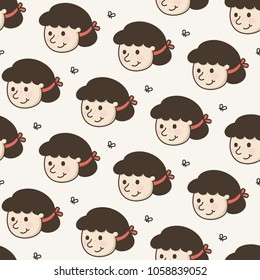 Seamless pattern with cute face of girl and fly in vector. Childish and simple background can be used for textile design, wallpapers and wrapping paper
