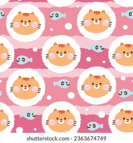 Seamless pattern of cute face orange cat in circle with fish on pink background.Pet animal character cartoon design.Meow lover.Kawaii.Vector.Illustration.