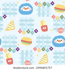 Seamless pattern of cute face penguin with icon on background.Pastel.Bird animal head character cartoon design.Flower,fresh fried,hamburger,sandwich hand drawn.Kawaii.Vector.Illustration.
