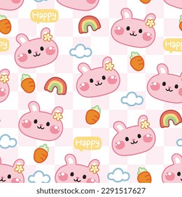 Seamless pattern of cute face pink rabbit cartoon background.Happy word,carrot,cloud,rainbow hand drawn.Baby clothing.Kawaii.Vector.Illustration.