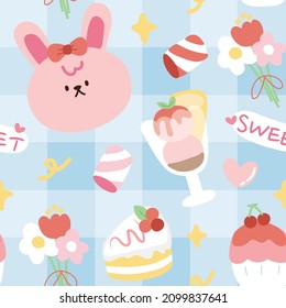 Seamless pattern of cute face rabbit with dessert on blue background.Flower,ice cream,cake,marshmallow food.Image for apparel,fabric,textile,wrapping,paper,gift, print.Kawaii.Vector.Illustration.