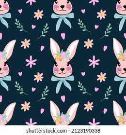 Seamless pattern with cute face rabbit flower and leaves. Vector graphic on a black background. Hand drawing for cover design  phone cases t-shirt pillow prints.