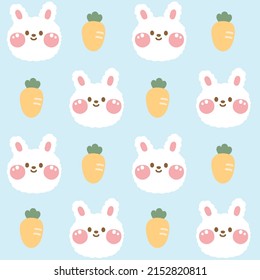 Seamless pattern of cute face rabbit with carrot on blue background.Easter day.Image for card,poster,baby clothing.Pastel.Kawaii.Vector.Illustration.