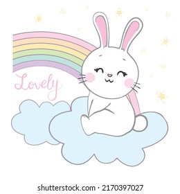 Seamless pattern of cute face rabbit with Rainbow. Image for wallpaper, banner, sticker, screen. Kid graphic. Kawaii. Vector Illustration