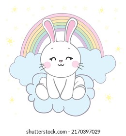 Seamless pattern of cute face rabbit with Rainbow. Image for wallpaper, banner, sticker, screen. Kid graphic. Kawaii. Vector Illustration