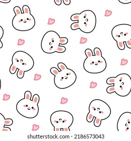 Seamless pattern of cute face rabbit with heart on white background.Easter animal.Image for card,baby clothing,poster.Kawaii.Vector.Illustration.