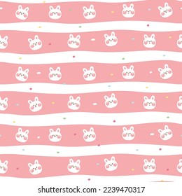 Seamless pattern of cute face rabbit in various feeling with dot on pink and white background.Animal character cartoon design.Bunny hand drawn.Kawaii.Vector.Illustration.