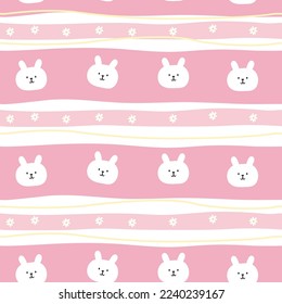 Seamless pattern of cute face rabbit with flower on pink background.Easter concept.Spring.Animal hand drawn.Image for card,poster,baby clothing.Kawaii.Vector.Illustration.
