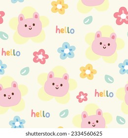 Seamless pattern of cute face rabbit flower with leaf and hello text background.Wild animal character cartoon design.Baby clothing.Floral.Nature.Kawaii.Vector.Illustration.