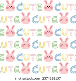 Seamless pattern of cute face rabbit with cute text on white background.Rodents animal character cartoon design.Bunny head.Kawaii.Vector.Illustration.