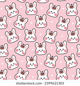 Seamless pattern of cute face rabbit with cherry on pink background.Rodent animal character cartoon desing.Fruit.Bunny.Kawaii.Vector.Illustration.Illustrator.